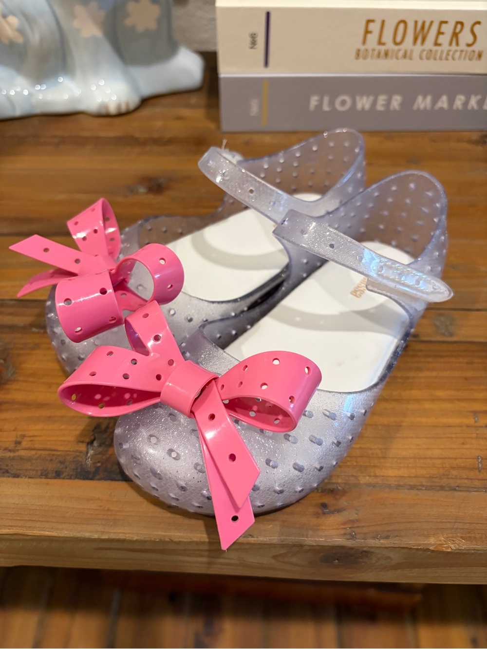 Mini Melissa Girls Silver Jelly Mary Jane Shoes with Pink Bow